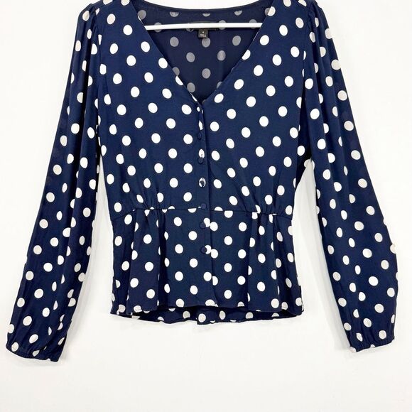 J. Crew Navy Blue White Polka Dot Crepe V Neck Button Front Peplum Blouse - Picture 7 of 16